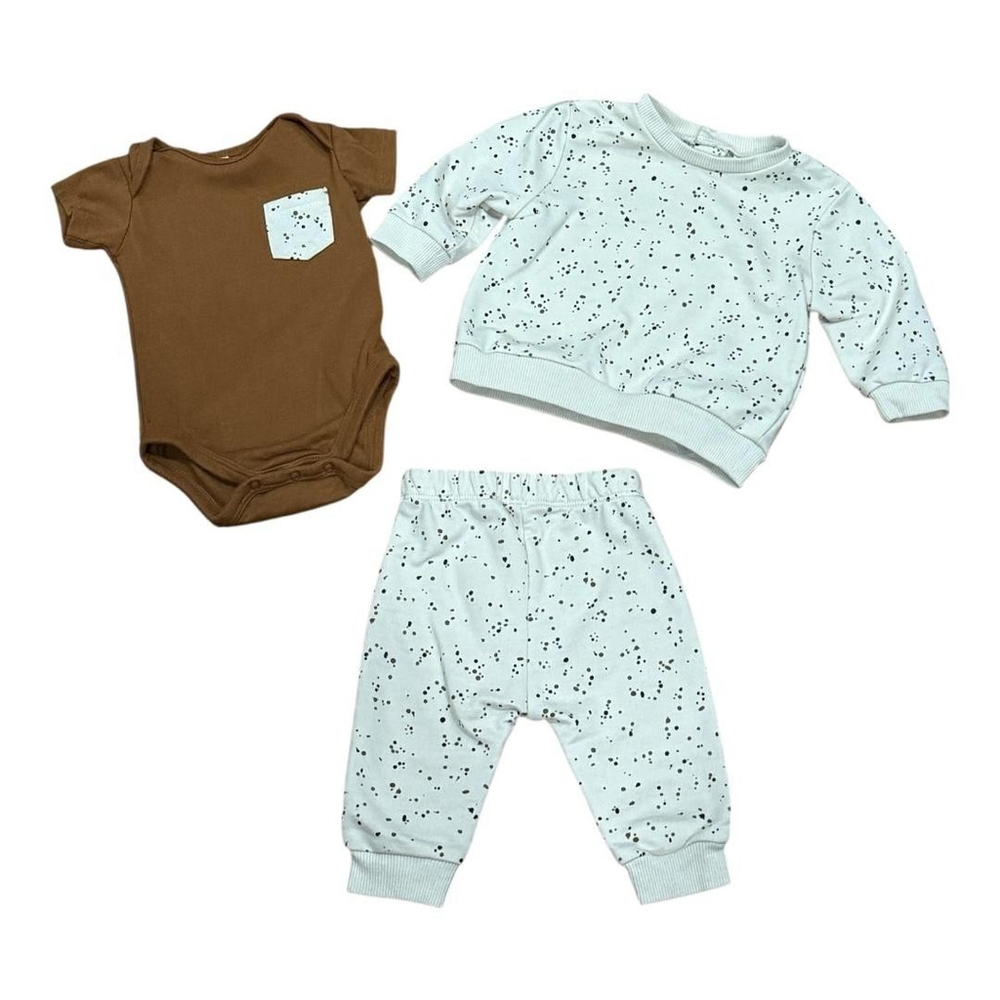 PL Baby 3 Piece Outfit Set Infant 3M Brown Bodysuit Sweatshirt Pants Speckle